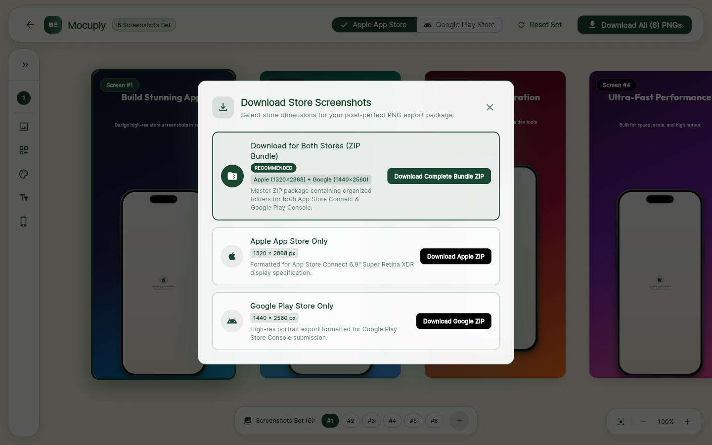 Mockuply export dialog with App Store and Google Play ZIP options