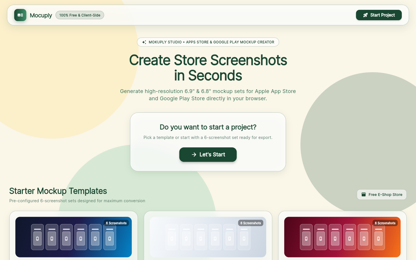 Mockuply landing page with starter templates